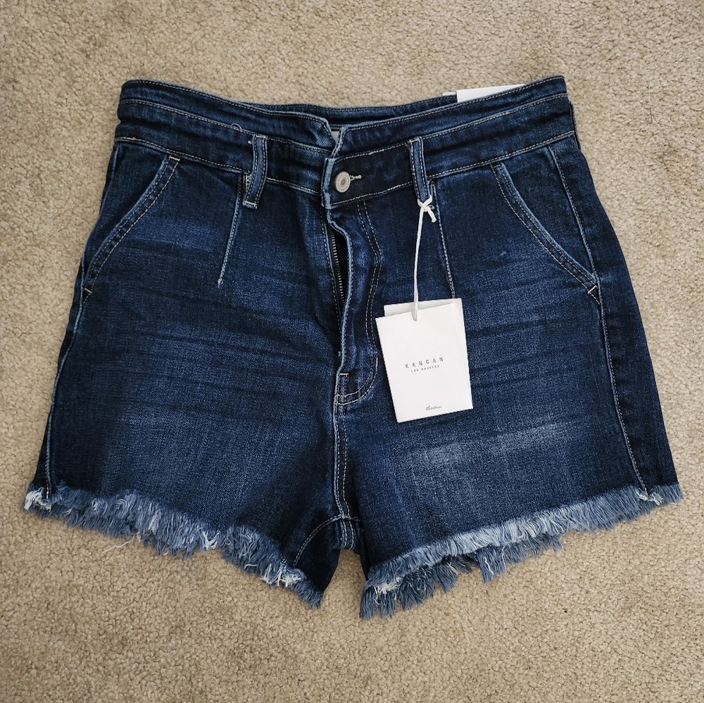 Kancan Dark Wash Frayed Hem Denim Shorts - Dark Blue New - Picture 1 of 3